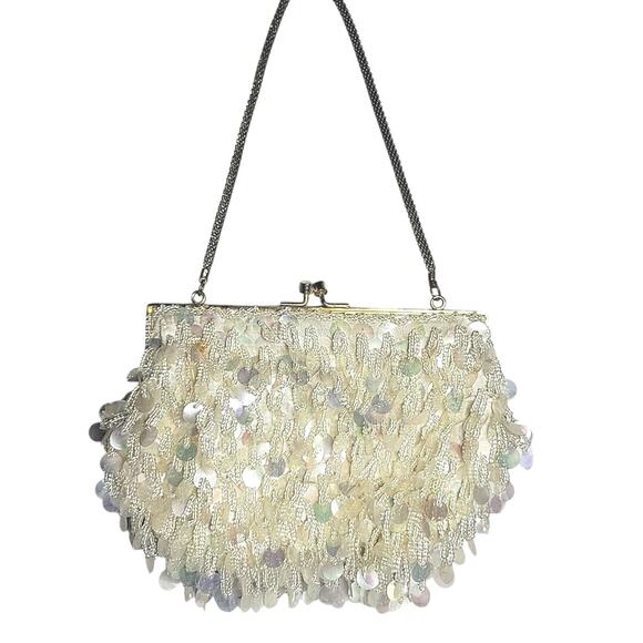 Mr Ernest Evening Hand Bag White Vintage Beaded & Sequins Purse Madein Hong Kong - Picture 2 of 11